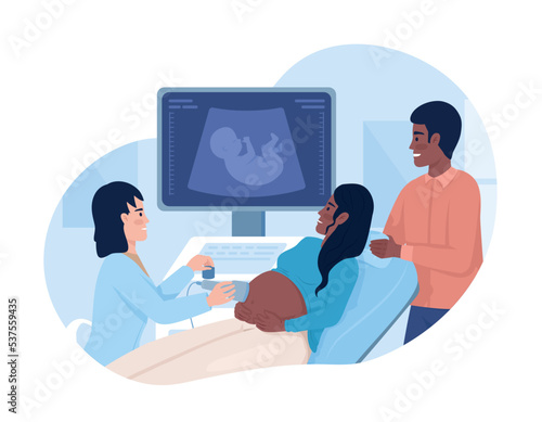 Pregnant woman undergoing ultrasound scan with partner 2D vector isolated illustration. Flat characters on cartoon background. Medical colourful editable scene for mobile, website, presentation