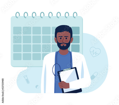 Book doctor appointment 2D vector isolated illustration. Regular examination flat character on cartoon background. Scheduling colourful editable scene for mobile, website, presentation