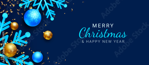 Christmas banner background design with snowflakes  christmas balls and golden confetti. Christmas greeting card. Vector illustration