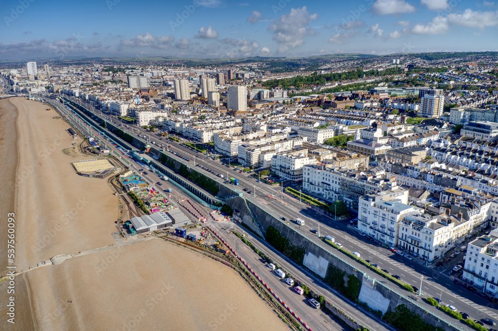 Fototapeta premium Aerial photo of Brighton City from Kemptown and along the beach by Madeira drive.