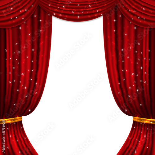 Red theatre curtain. Velvet fabric decorative frame