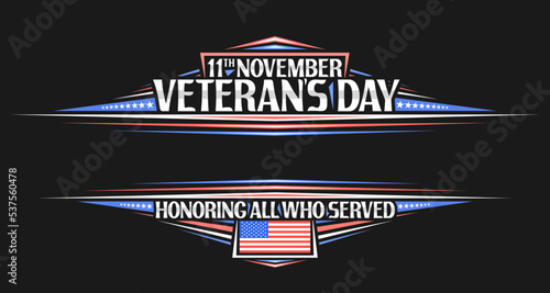 Vector border for Veteran's Day with blank copyspace for congratulations, greeting card with illustration of american flag, decorative stars and unique brush lettering for words veteran's day on dark