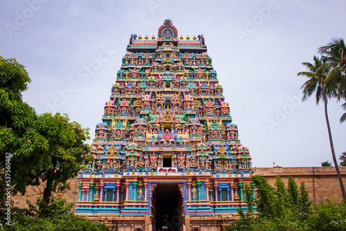 View of the main entrance tower of Jambukeswarar Temple, Thiruvanaikaval which represent element of water. Focus set on temple tower. photo