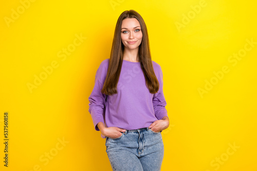 Photo of nice positive lady wear comfort violet clothes hand pocket buy new outfit lo w price shopping isolated on yellow color background