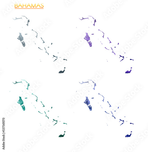 Set of vector polygonal maps of Bahamas. Bright gradient map of country in low poly style. Multicolored Bahamas map in geometric style for your infographics. Appealing vector illustration.