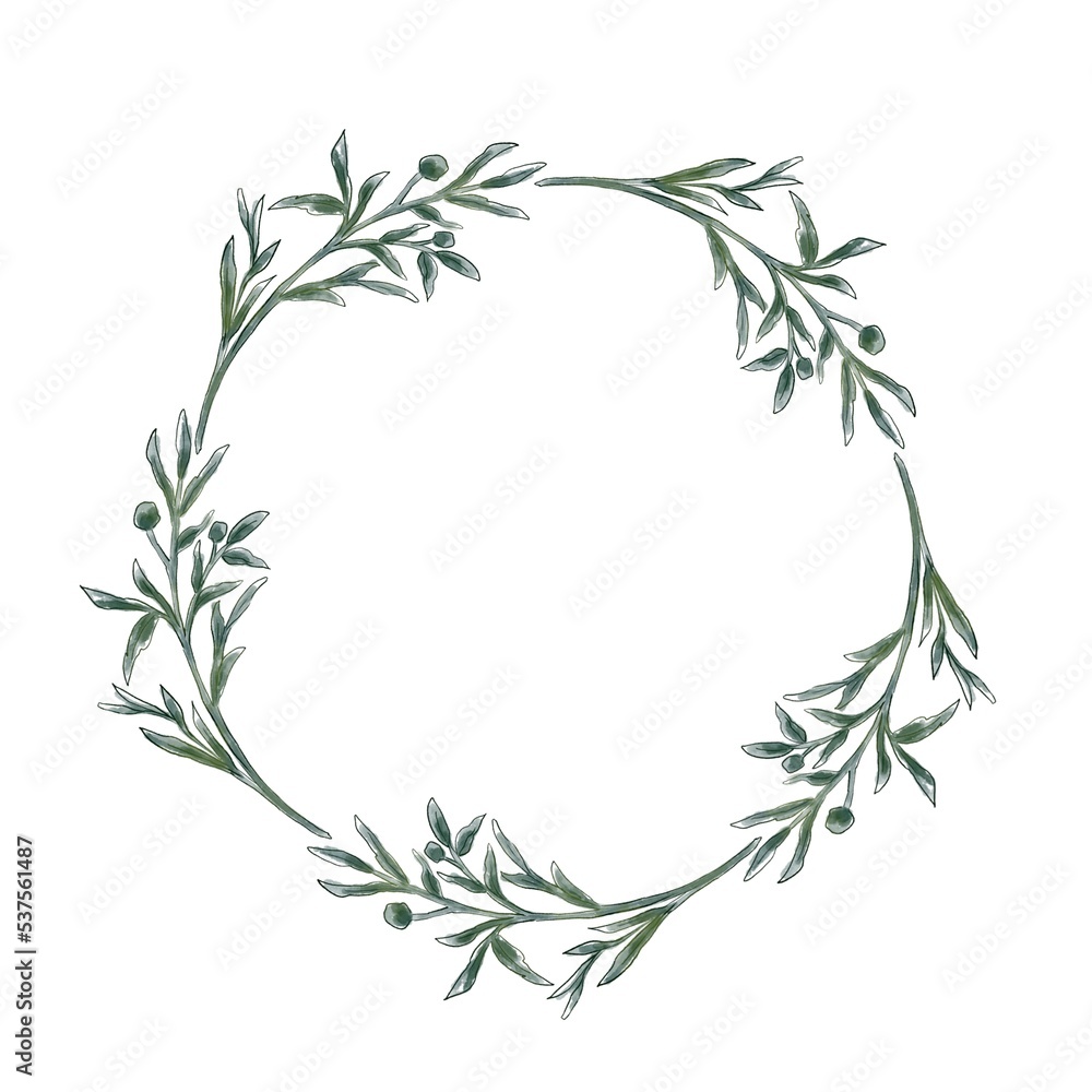 Floral wreath. Greenery branches, Isolated on white background. Design element for invitation and greeting card