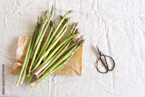 Raw organic asparagus on the paper bag. Asparagus background. Food concept.