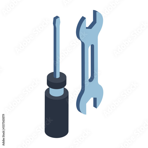 Open end Wrench and Slotted Screwdriver hand tool Concept Vector Icon isometric Design, Motor Vehicle Service and automobile repair shop Symbol, Lorry spare parts Sign,  automotive technician equipmen