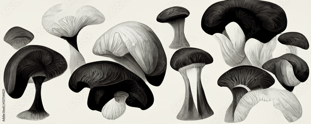 Abstract black and white Mushrooms, trippy psychedelic lsd art. For: Web banner, texture, pattern, wallpaper. Abstract black and white Mushrooms, trippy psychedelic lsd art. For: Web banner, texture, pattern, wallpaper.