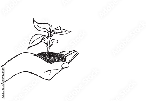 Hand drawn vector illustration. A handful of earth and seedlings