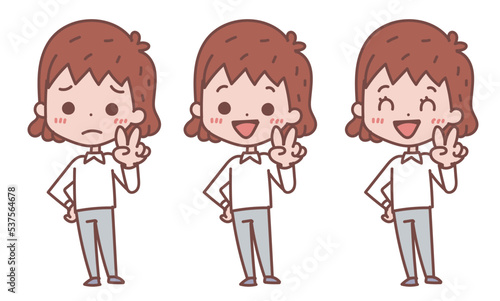 ピースをする女性　表情バージョンセット