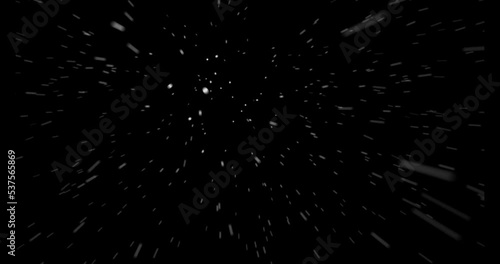 First person view or camera view in a snow storm or blizzard against wind. 3d render with black background.