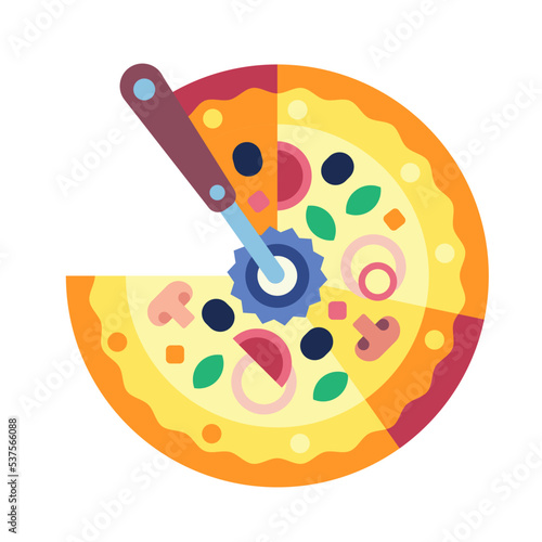 Pizza Slice with Cutter Knife Icon in Flat Design