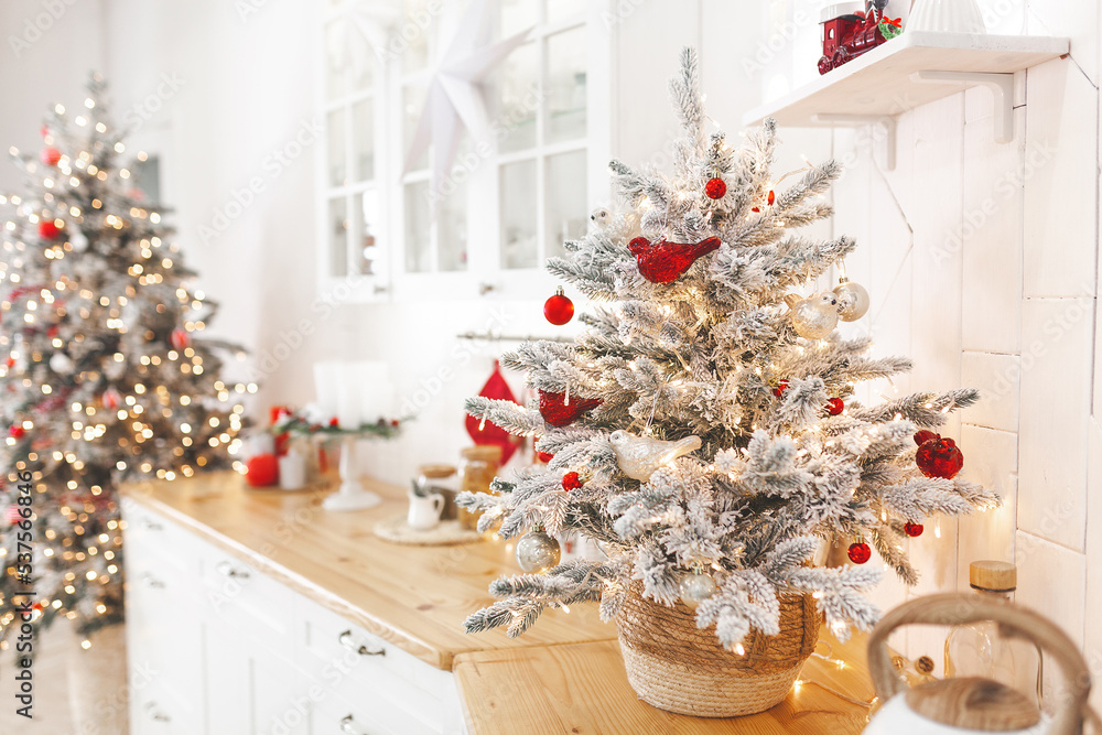 Christmas decoration on the kitchen. Kitchen interior holidays. New Year design.