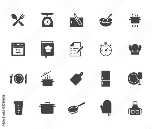 Cooking flat icon set. Kitchen tools - pan, pot, dinner utensil, cookbook, chef hat minimal vector illustration. Simple glyph, silhouette sign of food recipe instruction