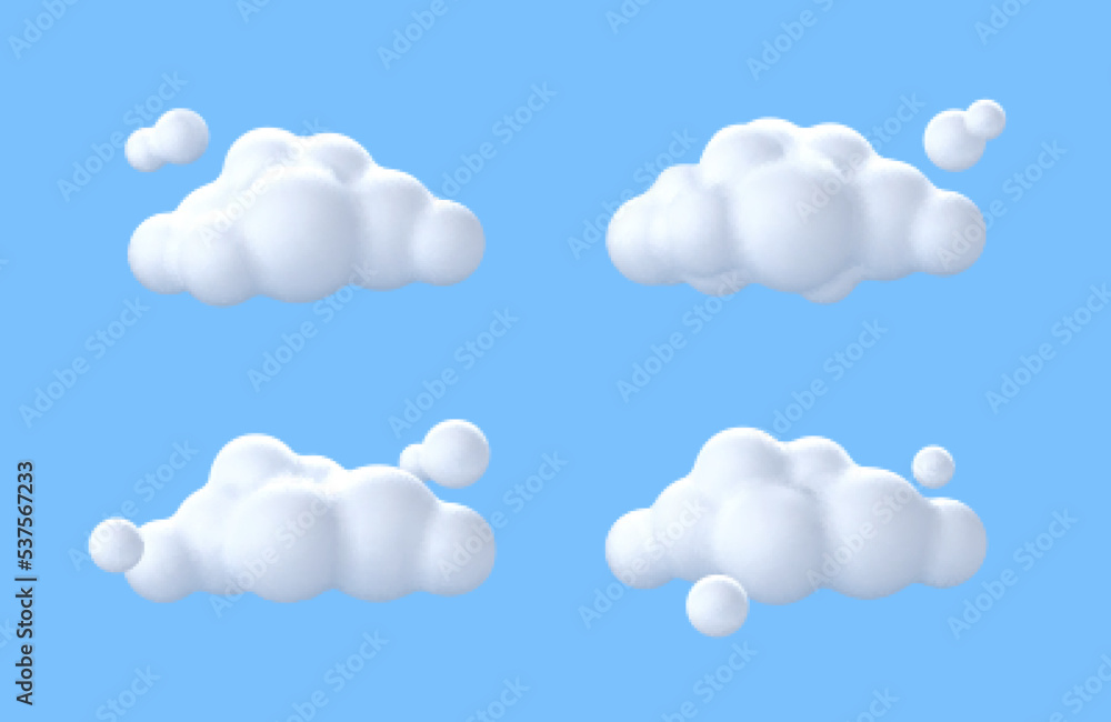 3D white clouds. Soft round cartoon fluffy cloud icons isolated on blue background. Vector 3d illustration in cartoon style 3D white clouds. Soft round cartoon fluffy cloud icons isolated on blue background. Vector 3d illustration in cartoon style