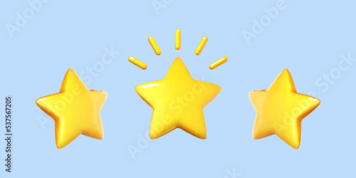 Three yellow stars isolated on blue background. Customer review and rating concept. Vector 3d illustration