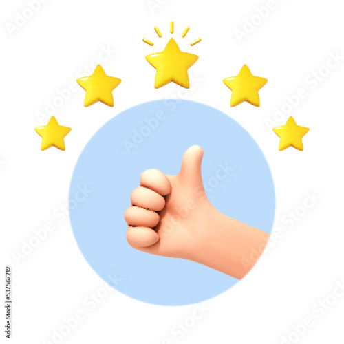 3D cartoon hand thumb up for success or good feedback. Five star rating. Positive concept and like symbol. Customer review rating and client feedback concept. Vector 3d illustration