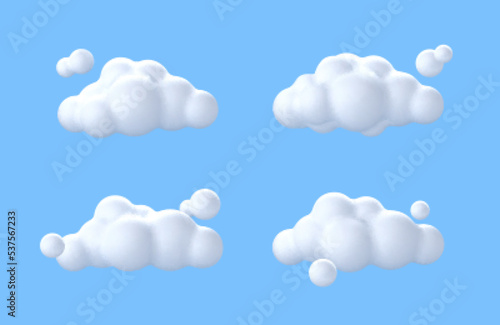 3D white clouds. Soft round cartoon fluffy cloud icons isolated on blue background. Vector 3d illustration in cartoon style