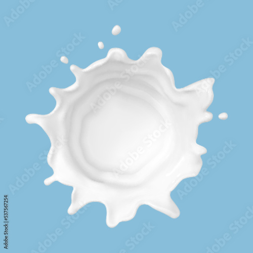 Milk splash isolated on blue background. Natural dairy product, yogurt or cream in crown splash with flying drops. Realistic Vector illustration