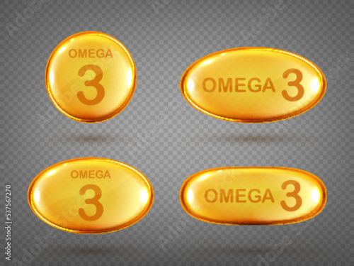 Omega 3 realistic yellow capsules isolated on transparent background. Set of gold drops icons Omega Three. Vector illustration