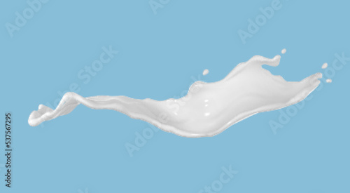 Milk splash with flying drops isolated on blue background. Realistic vector illustration