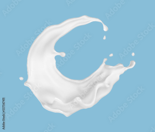 Milk or yogurt splash isolated on blue background. Natural dairy product, yogurt or cream with flying drops. Realistic vector illustration