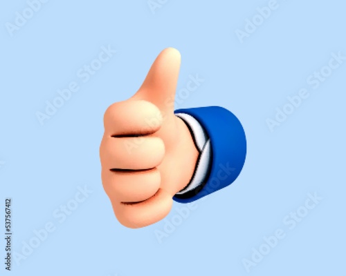 3D cartoon thumb up hand gesture isolated on blue background. Hand thumb up or like sign. Vector 3d illustration