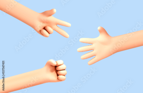 3D cartoon hand gestures. Vector cartoon hands play rock paper scissors game. Rock paper scissors hand game process.