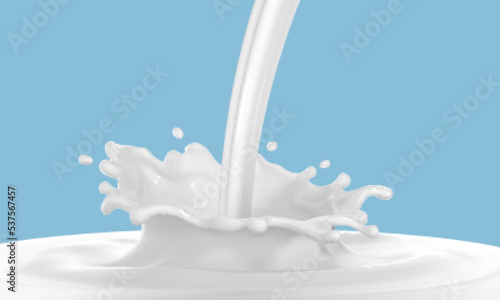 Milk splash isolated on blue background. Natural dairy product, yogurt or cream in crown splash with flying drops. Realistic vector illustration