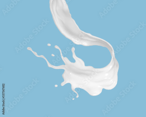 Realistic milk flow splash isolated on blue background. Vector illustration