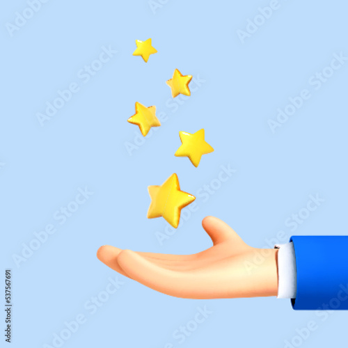 3D cartoon hand holding five stars. Business and social media concept of rating, user review, feedback and client service evaluation. Vector 3D Illustration.