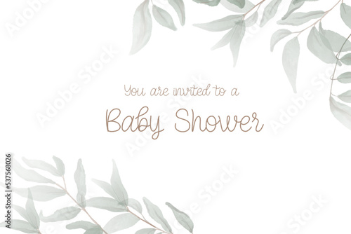 Watercolor baby shower card with green flowers frame. Isolated on white background. Hand drawn clipart. Perfect for card, postcard, tag, invitation, printing, wrapping.