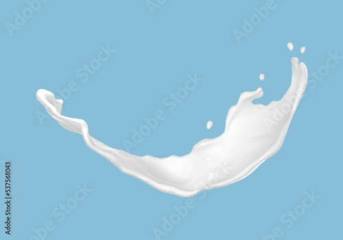 Milk splash with flying drops isolated on blue background. Realistic vector illustration