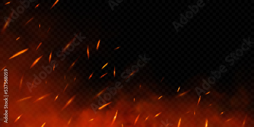 Realistic fire sparks on transparent background. Vector illustration of burning particles and smoke