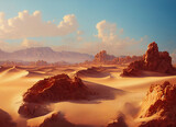 A picture of the desert mountain landscape, sand and dunes in the desert. A breathtaking landscape illustrated view