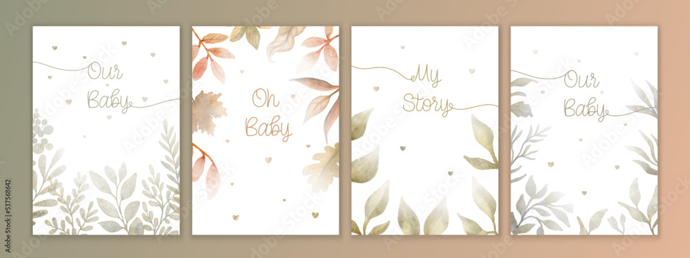 Watercolor baby shower card with green flowers frame. Perfect for card, postcard, tag, invitation, printing, wrapping.