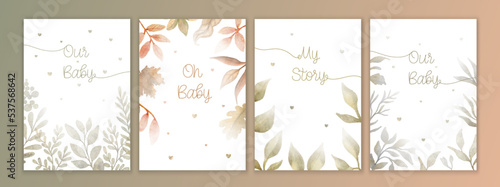 Watercolor baby shower card with green flowers frame. Perfect for card, postcard, tag, invitation, printing, wrapping.