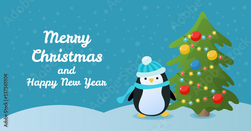 Greetings card with a cartoon penguin sitting near the Christmas tree. Cute Christmas seasonal illustration in flat cartoon style.