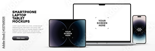 Modern laptop mockup front view and high quality smartphone and tablet mockup isolated on white background. Notebook mockup and phone device mockup for ui ux app and website presentation.Stock Vector.