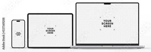 Modern laptop mockup front view and high quality smartphone and tablet mockup isolated on white background. Notebook mockup and phone device mockup for ui ux app and website presentation.Stock Vector.
