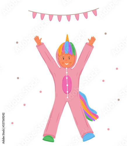 Kid in pink unicorn kigurumi pajama. Onesie party