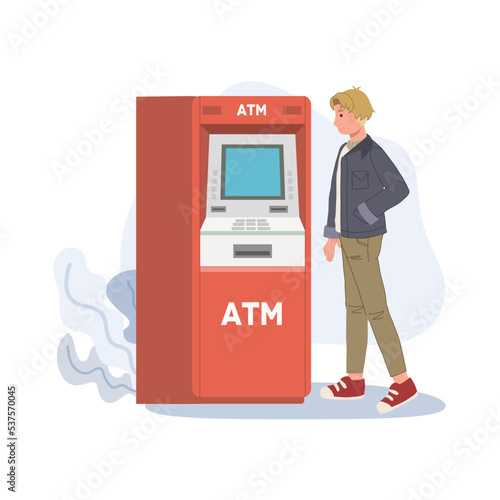man using ATM to pay or withdraw cash money. man waiting near automatic machine, looking on monitor. Vector illustration