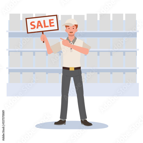 A male shop keeper holding a promotional sale advertisement placard at grocery store or supermarket. Vector illustration