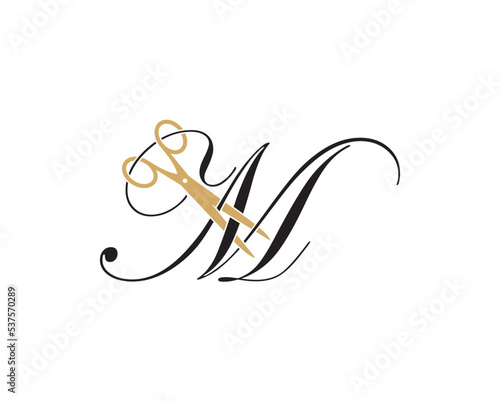 Letter M with scissor logo Vector 001