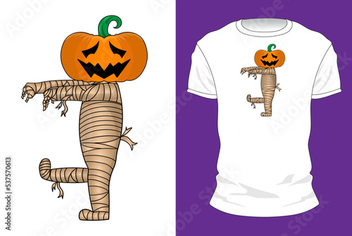 cute mummy with scary pumpkin head  white t-shirt design