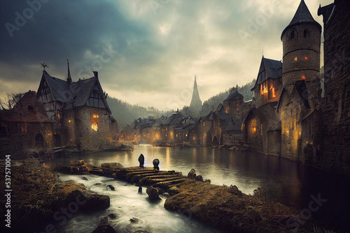 Fantasy old castle in the side of lake. Digital illustration.