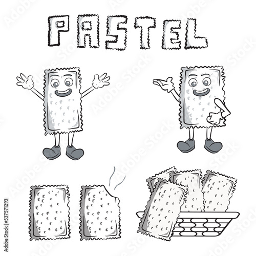 set of pastry brazilian food illustrations. Includes two pastel mascots, two pastries and a basket. Vectors isolated on white background.