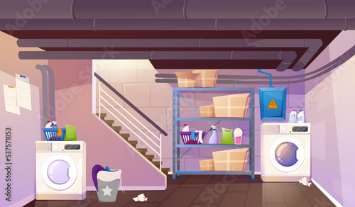Vector cartoon interior of house basement with washing and dryer machine, stairs, basket with dirty linen, carton boxes and detergents on shelves. Laundry room or home cellar in cottage.