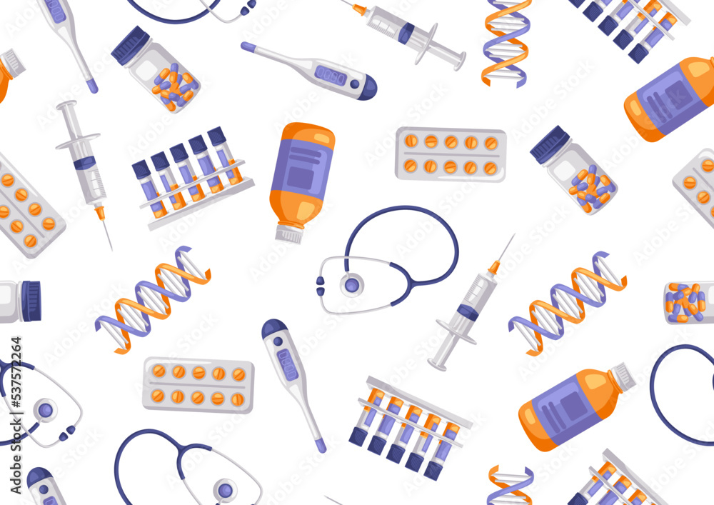 Seamless pattern with medical and healthcare items. Equipment for pharmacies and hospitals. Seamless pattern with medical and healthcare items. Equipment for pharmacies and hospitals.